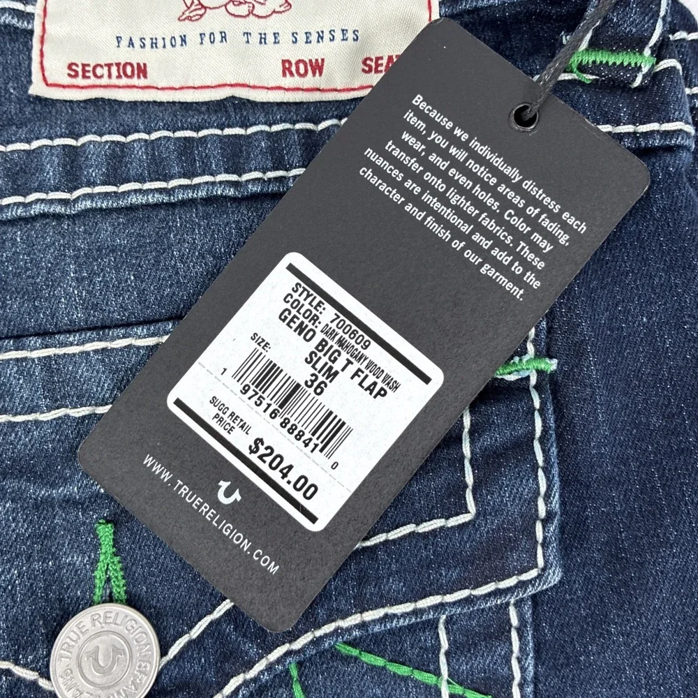 New Mens True Religion Geno Big T Flap Relaxed Slim Jeans Size 36x32